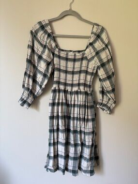 Smocked Plaid Midi Dress in Light Pink and Green